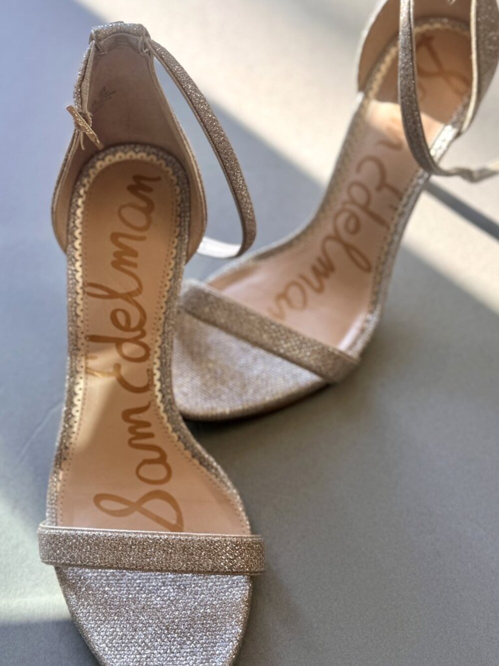 Sam Edelman Patti Silver Gold Glitter Ankle Strap Stiletto Sandal Heel Size 8.5